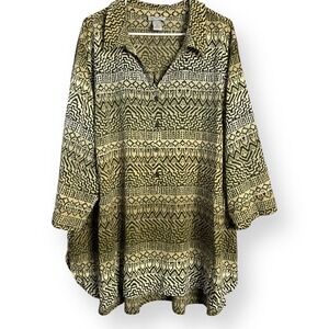 Catherines Plus Size 3X Green Cream Geometric Tribal Print Button Front Tunic